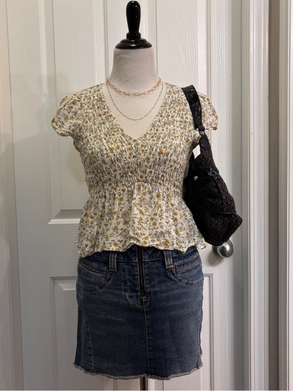 American Eagle Outfitters Floral Smocked Blouse - Cream and Yellow